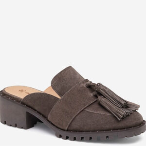 NEW Johnston & Murphy Alice Fringe Mules Slip On Suede Leather Dark Brown 7.5